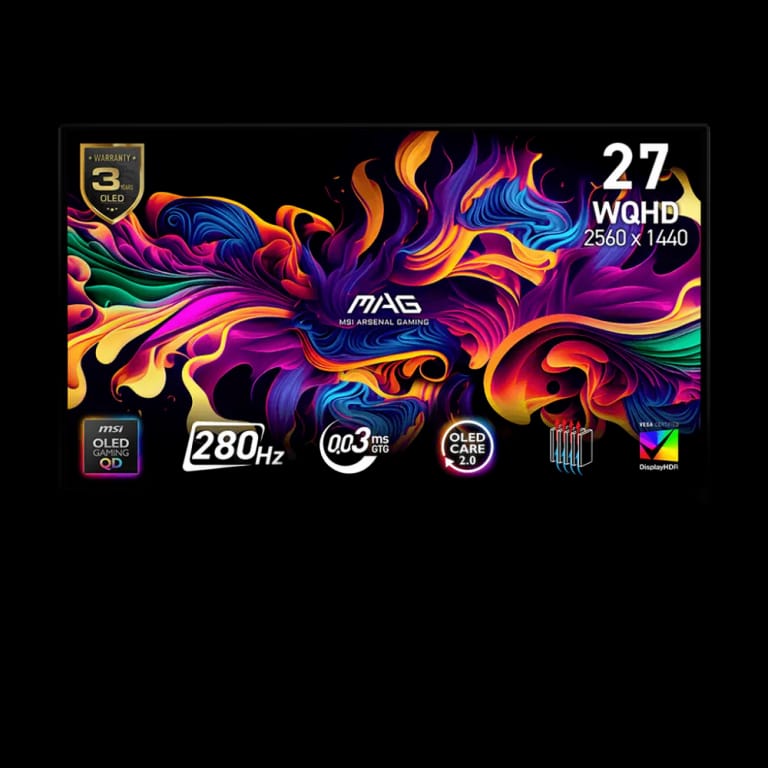 Монитор 26.5" MSI MAG 271QP QD-OLED X28 Black (QD-OLED, 2560x1440, HDMI+HDMI+DP+Type C (15W),  0.03 ms, 178°/178°, 250 cd/m, 1500000:1, 280Hz, Pivot)