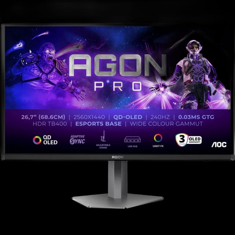 Монитор 26.5" AOC AGON AG276QZD2 Black-Grey (QD-OLED, 2560x1440, HDMI 2.0×2, DisplayPort 1.4×2, USB 3.2 Gen1×2, 0.03 ms, 178°/178°, 1000 cd/m, 1,5 млн:1, 240Hz, Pivot)