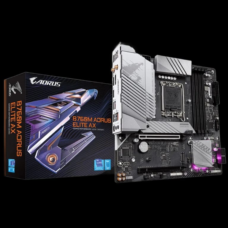 Материнская плата Gigabyte B760M AORUS ELITE AX, Socket 1700, Intel®B760, 4xDDR4-3200, HDMI+DP, 1xPCI-Ex16, 1xPCI-Ex1, 4xSATA3(RAID 0/1/5/10), 2xM.2, 8Ch Audio, GLan, WiFi, (4+4)xUSB2.0, (4+2)xUSB3.2, (1+1)xUSB3.2 Type-C™, mATX, RTL