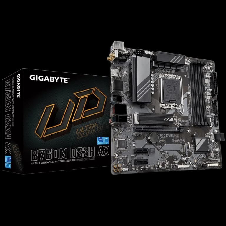 Материнская плата Gigabyte B760M DS3H AX, Socket 1700, Intel®B760, 4xDDR5-4800, HDMI+DP+DP, 1xPCI-Ex16, 2xPCI-Ex1, 4xSATA3(RAID 0/1/5/10), 2xM.2, 8Ch Audio, 2.5GbLan, WiFi, (2+4)xUSB2.0, (3+2)xUSB3.2, (1+0)xUSB3.2 Type-C™, 1xPS/2, mATX, RTL