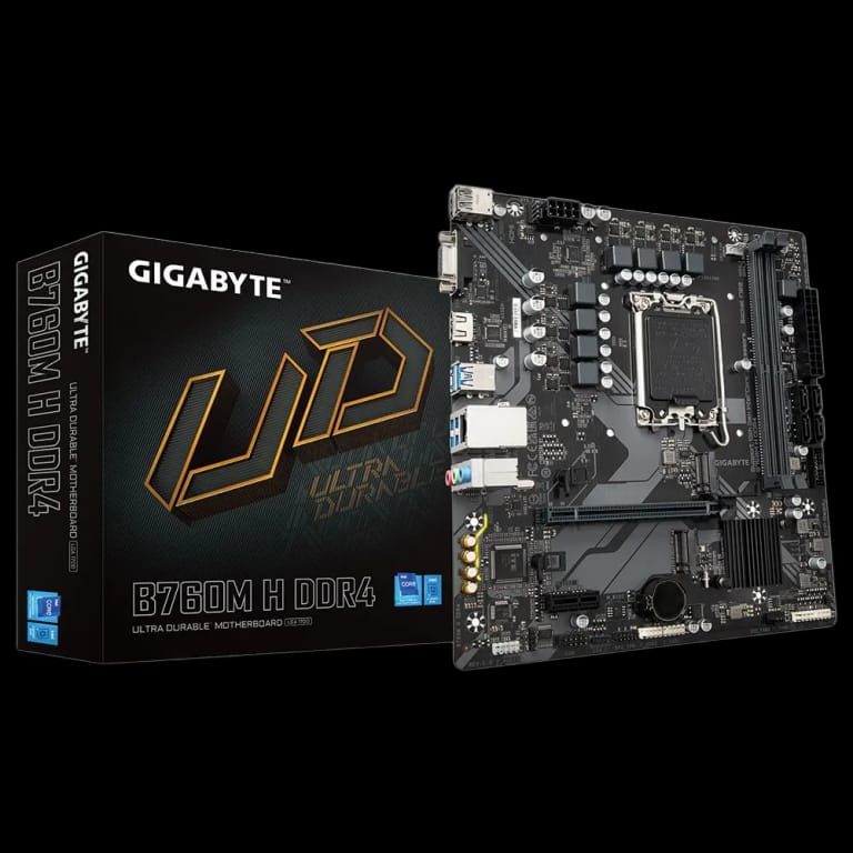 Материнская плата Gigabyte B760M H DDR4, Socket 1700, Intel®B760, 2xDDR4-3200, D-SUB+HDMI, 1xPCI-Ex16, 1xPCI-Ex1, 4xSATA3(RAID 0/1/5/10), 2xM.2, 8Ch Audio, 2,5GbLan, (2+4)xUSB2.0, (4+2)xUSB3.2, mATX, RTL