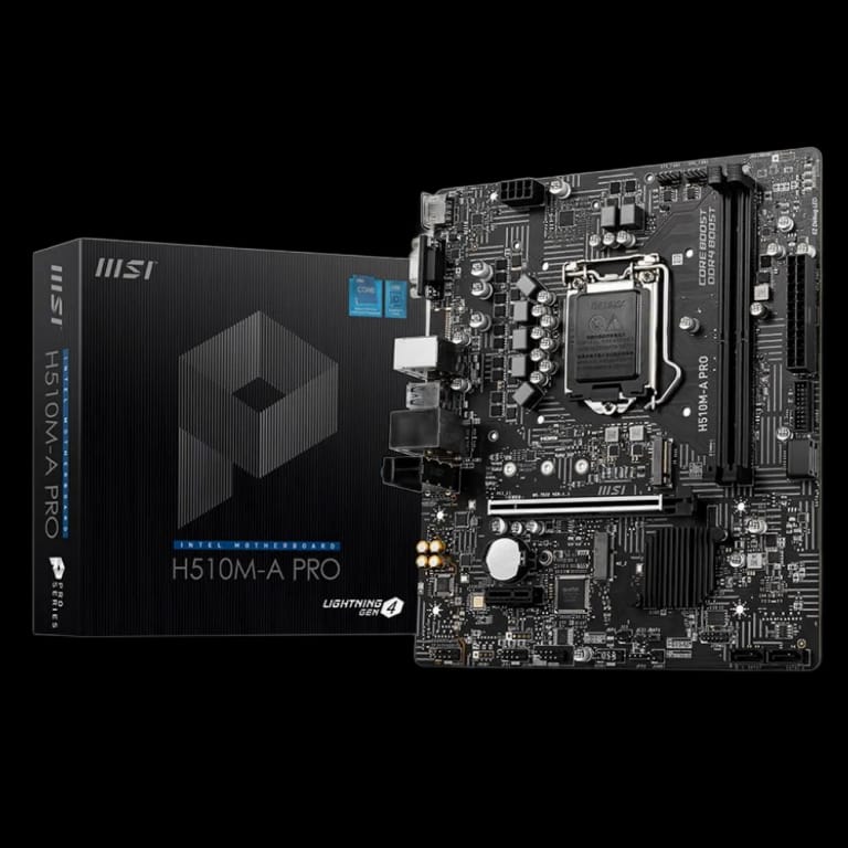 Материнская плата MSI H510M-A PRO , Socket 1200, Intel®H510, 2xDDR4-3200, HDMI+VGA, 1xPCI-Ex16, 1xPCI-Ex1, 4xSATA3, 2xM.2, 8 Ch Audio, GLan, (4+2)xUSB2.0, (2+2)xUSB3.2, mATX {20} (802905)