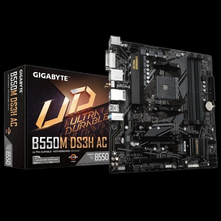Материнская плата Gigabyte B550M DS3H AC, Socket AM4, AMD A520, 4xDDR4-3200, DVI-D+HDMI, 2xPCI-Ex16, 1xPCI-Ex1, 4xSATA3(RAID 0/1/10), 2xM.2, 8 Ch Audio, GLan, WiFi, (4+2)xUSB2.0, (4+2)xUSB3.2, 1xPS/2, mATX, RTL {10}