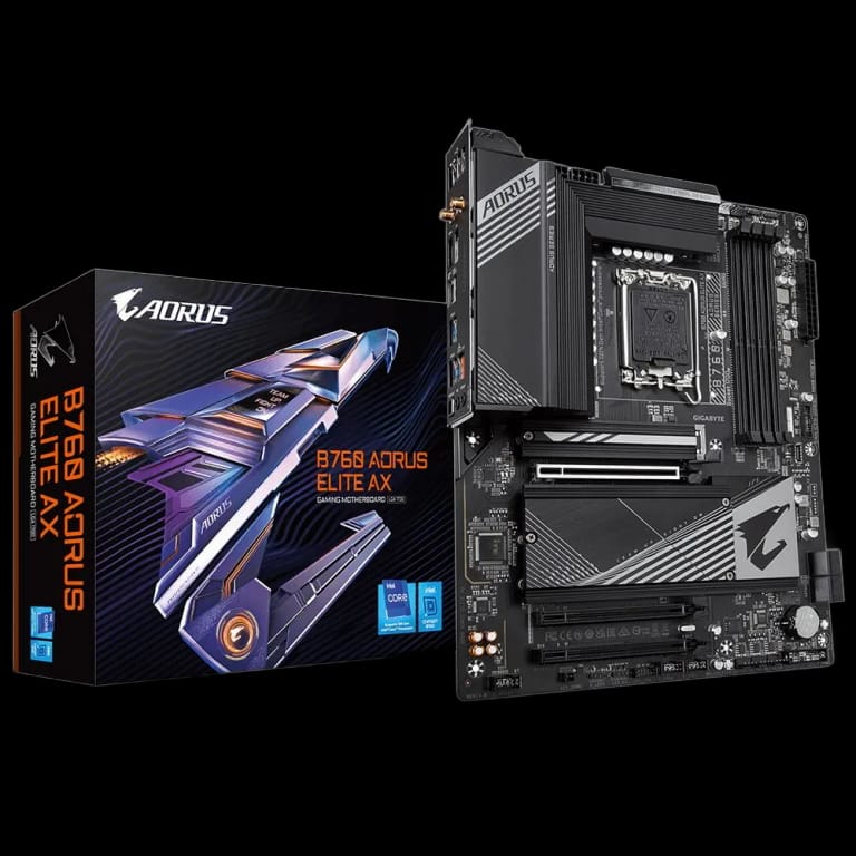 Материнская плата Gigabyte B760 AORUS ELITE AX, Socket 1700, Intel®B760, 4xDDR5-4800, HDMI+DP, 3xPCI-Ex16, 4xSATA3(RAID 0/1/5/10), 3xM.2, 8Ch Audio, 2.5GbLan, WiFi, (4+4)xUSB2.0, (5+2)xUSB3.2, (1+1)xUSB3.2 Type-C™, ATX, RTL