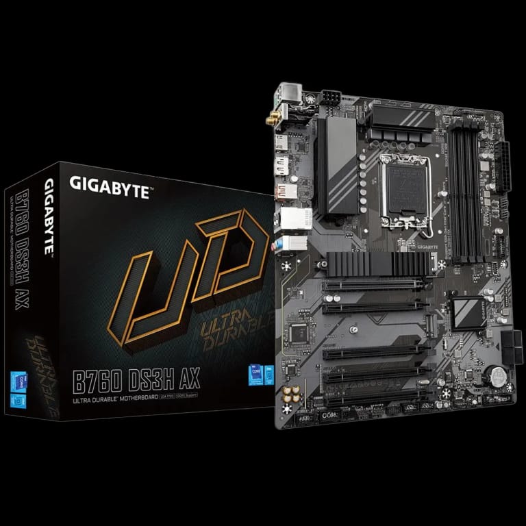 Материнская плата Gigabyte B760 DS3H AX, Socket 1700, Intel®B760, 4xDDR5-4800, HDMI+DP, 5xPCI-Ex16, 4xSATA3(RAID 0/1/5/10), 2xM.2, 8Ch Audio, 2.5GLan, WiFi, (4+4)xUSB2.0, (1+2)xUSB3.2, (1+1)xUSB3.2 Type-C™, 1xPS/2, ATX, RTL