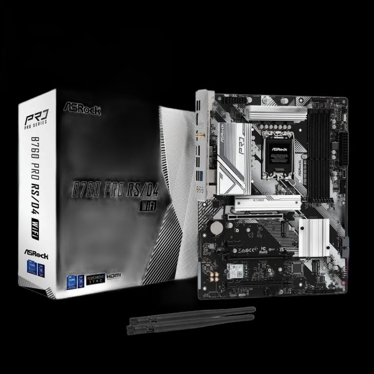 Материнская плата ASRock B760 PRO RS/D4 WIFI, Socket 1700, Intel®B760, 4xDDR4-3200, HDMI+DP, 2xPCI-Ex16, 1xPCI-Ex1, 4xSATA3(RAID 0/1/5/10), 2xM.2, 8 Ch Audio, 1x2.5GLan, WiFi, (2+4)xUSB2.0, (3+2)xUSB3.2, (1+1)xUSB3.2 Type-C™, ATX, RTL
